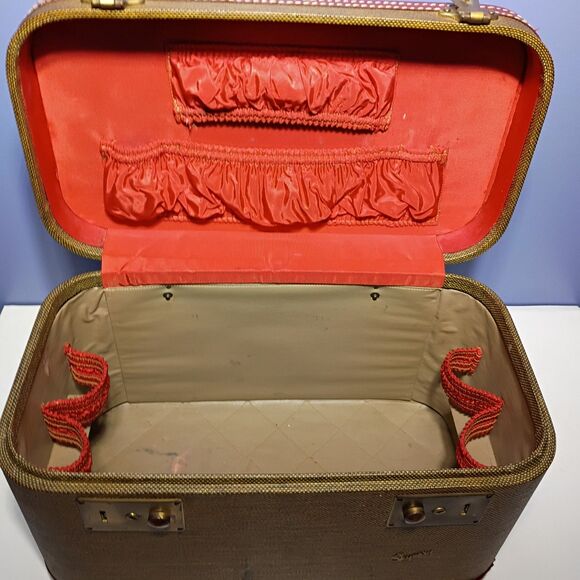 Vintage Skyway Tweed Train Case Cosmetic Luggage Red Lining Old Money Academia - Picture 9 of 14